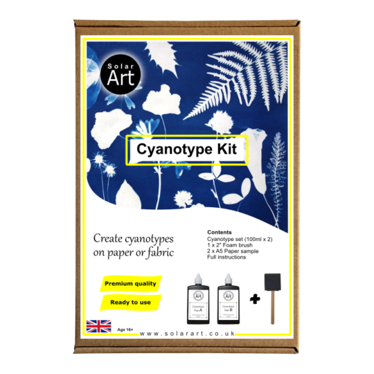 Two part kit for cyanotypes on paper or fabric.